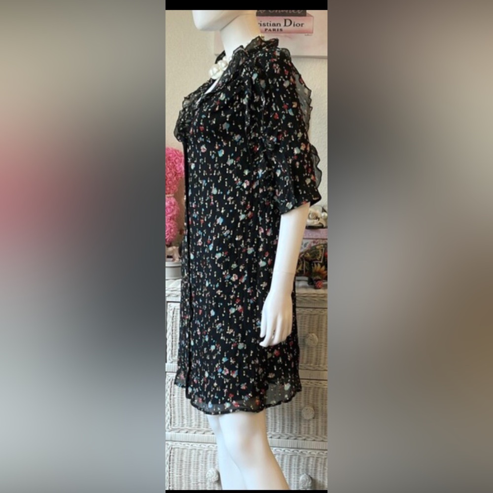 Sezane Josephine Mini Dress Silk Low Cut Ruffles Black w/ Pink Size FR 36 = US 4 - Picture 6 of 13